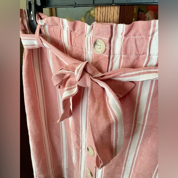 Loft linen blend striped belted button skirt lined elastic waist XS pink white - Picture 4 of 8
